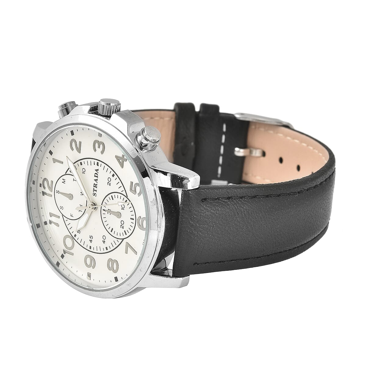 Strada Japanese Movement Multifunction Button Watch with Black Faux Leather Strap image number 4
