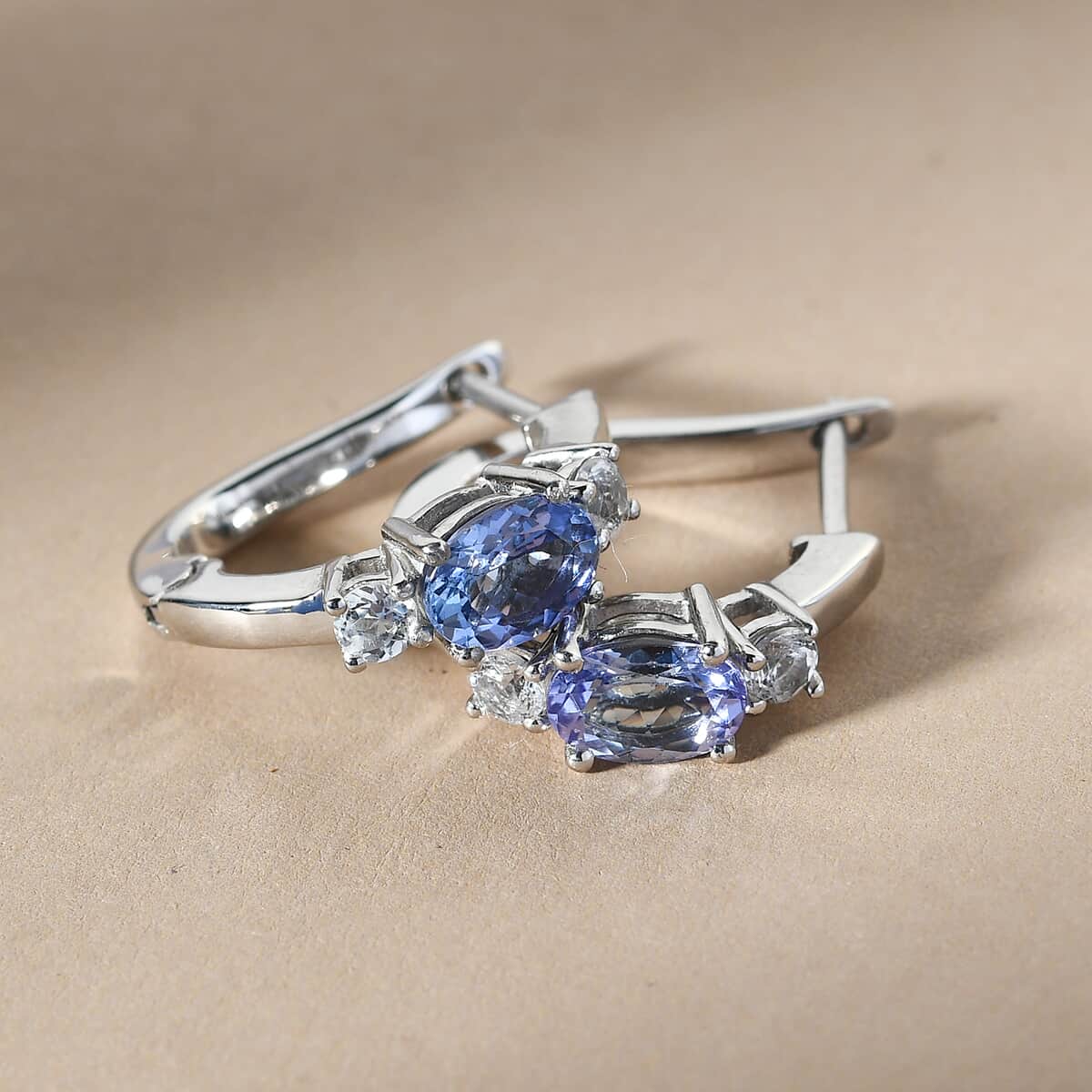 Tanzanite and White Topaz Hoop Earrings in Platinum Over Sterling Silver 2.10 ctw image number 1