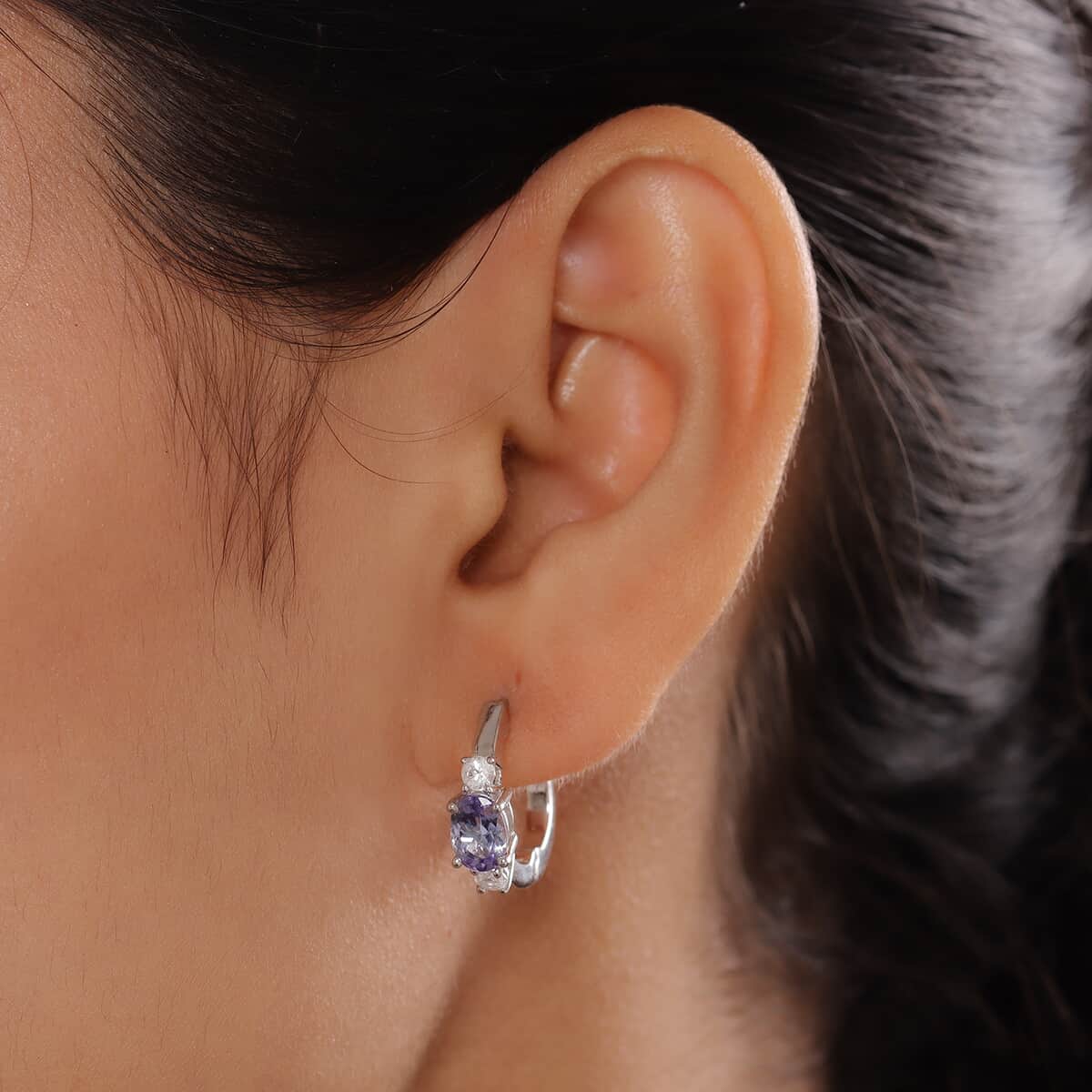 Tanzanite and White Topaz Hoop Earrings in Platinum Over Sterling Silver 2.10 ctw image number 2