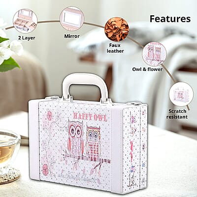 Owl and Flower Pattern 2 Layer Faux Leather Jewelry Box with Handle