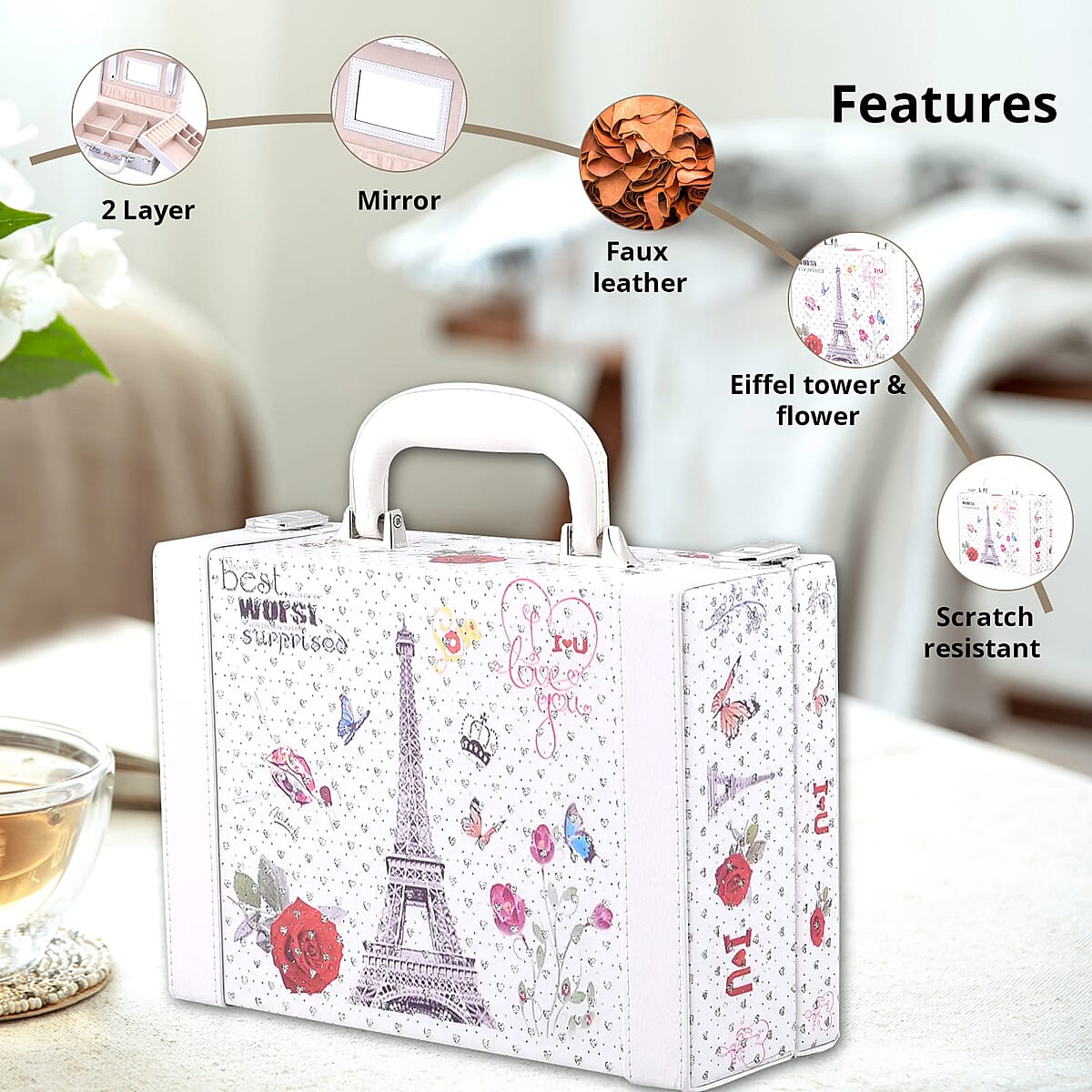 Eiffel Tower and Flower Pattern 2 Layer Faux Leather Jewelry Box with Handle image number 1