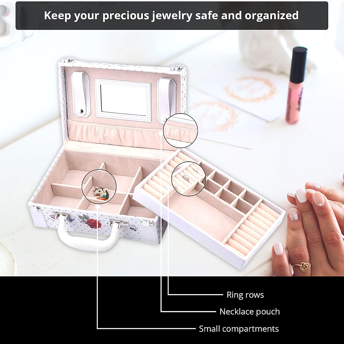 Eiffel Tower and Flower Pattern 2 Layer Faux Leather Jewelry Box with Handle image number 2