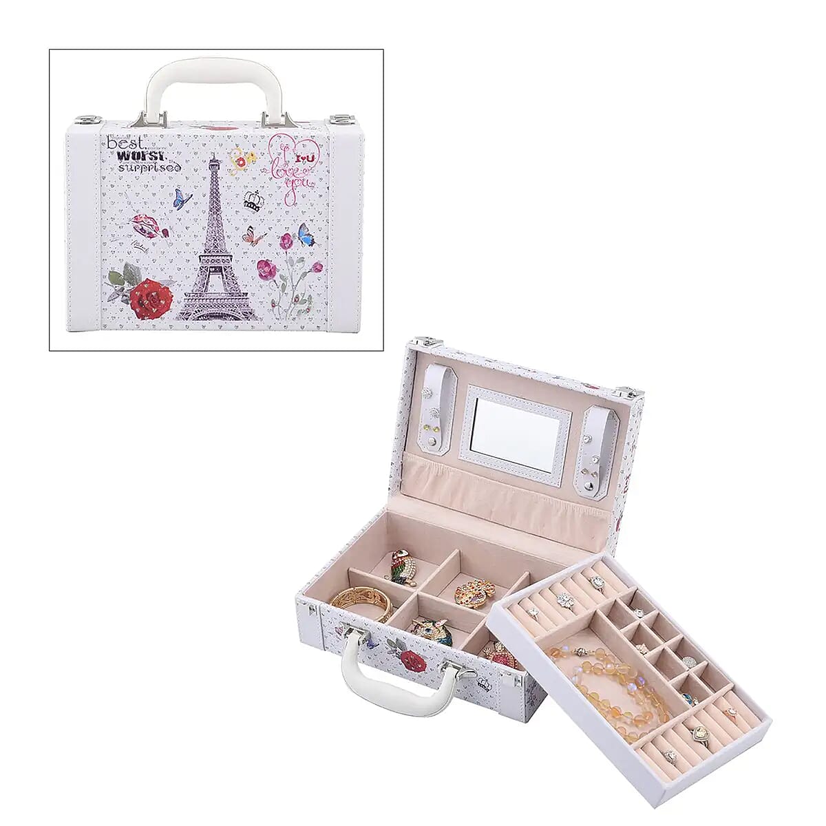 Eiffel Tower and Flower Pattern 2 Layer Faux Leather Jewelry Box with Handle image number 6