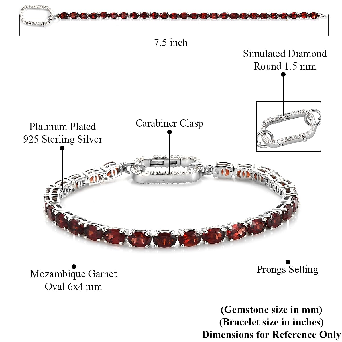 Mozambique Garnet and Simulated Diamond Tennis Bracelet in Platinum Over Sterling Silver (7.25 In) 8.80 Grams 15.85 ctw image number 4