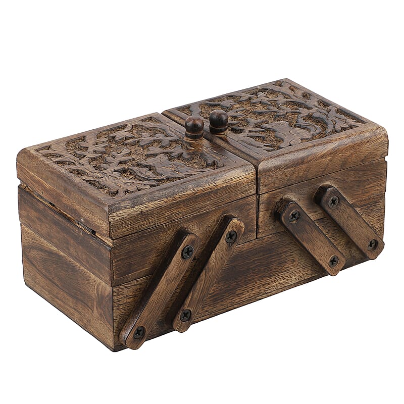 Brown Antique Finished Clever Fox Handcarved 3 in 1 Storage Box