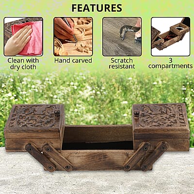Brown Antique Finished Clever Fox Handcarved 3 in 1 Storage Box