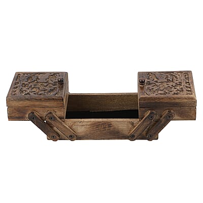 Brown Antique Finished Clever Fox Handcarved 3 in 1 Storage Box