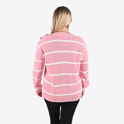Tamsy Pink Stripe Knit Sweater with Button Detail - L
