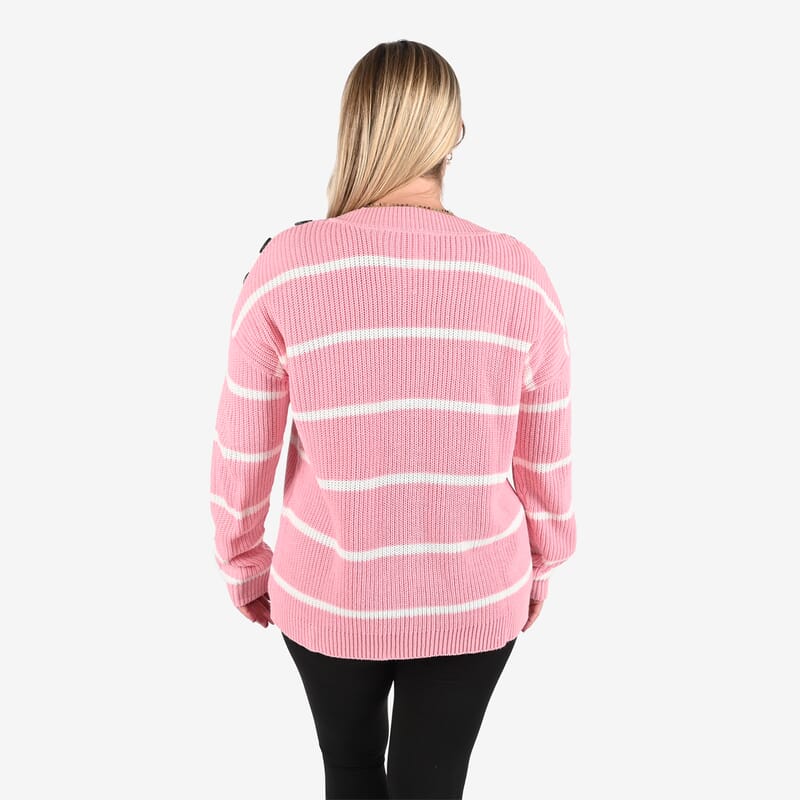 Tamsy Pink Stripe Knit Sweater with Button Detail - L