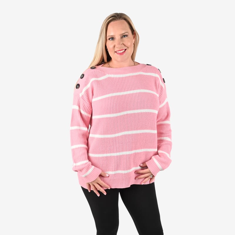 Tamsy Pink Stripe Knit Sweater with Button Detail - L