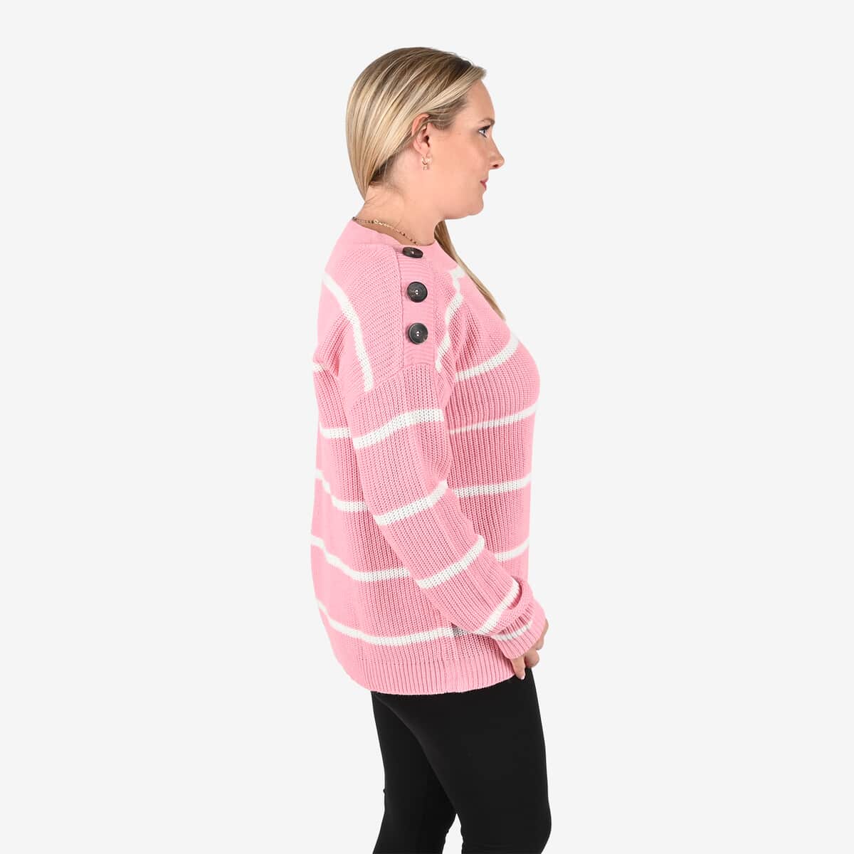 TAMSY Pink Stripe Knit Sweater with Button Detail - L image number 3