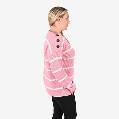 Tamsy Pink Stripe Knit Sweater with Button Detail - L