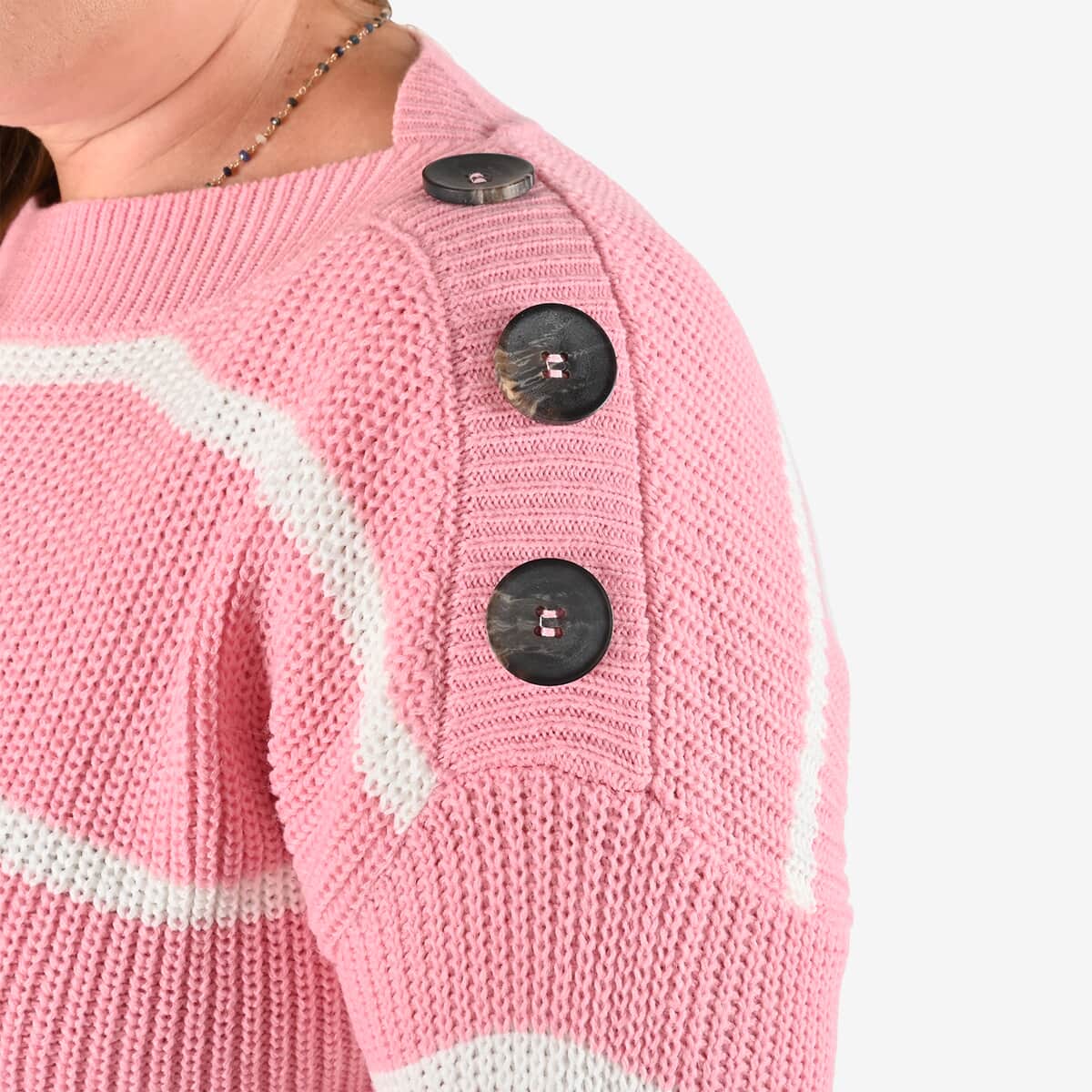 Tamsy Pink Stripe Knit Sweater with Button Detail - L image number 4