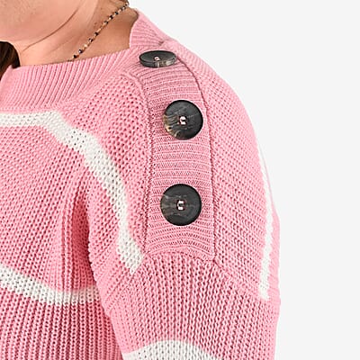 Tamsy Pink Stripe Knit Sweater with Button Detail - L
