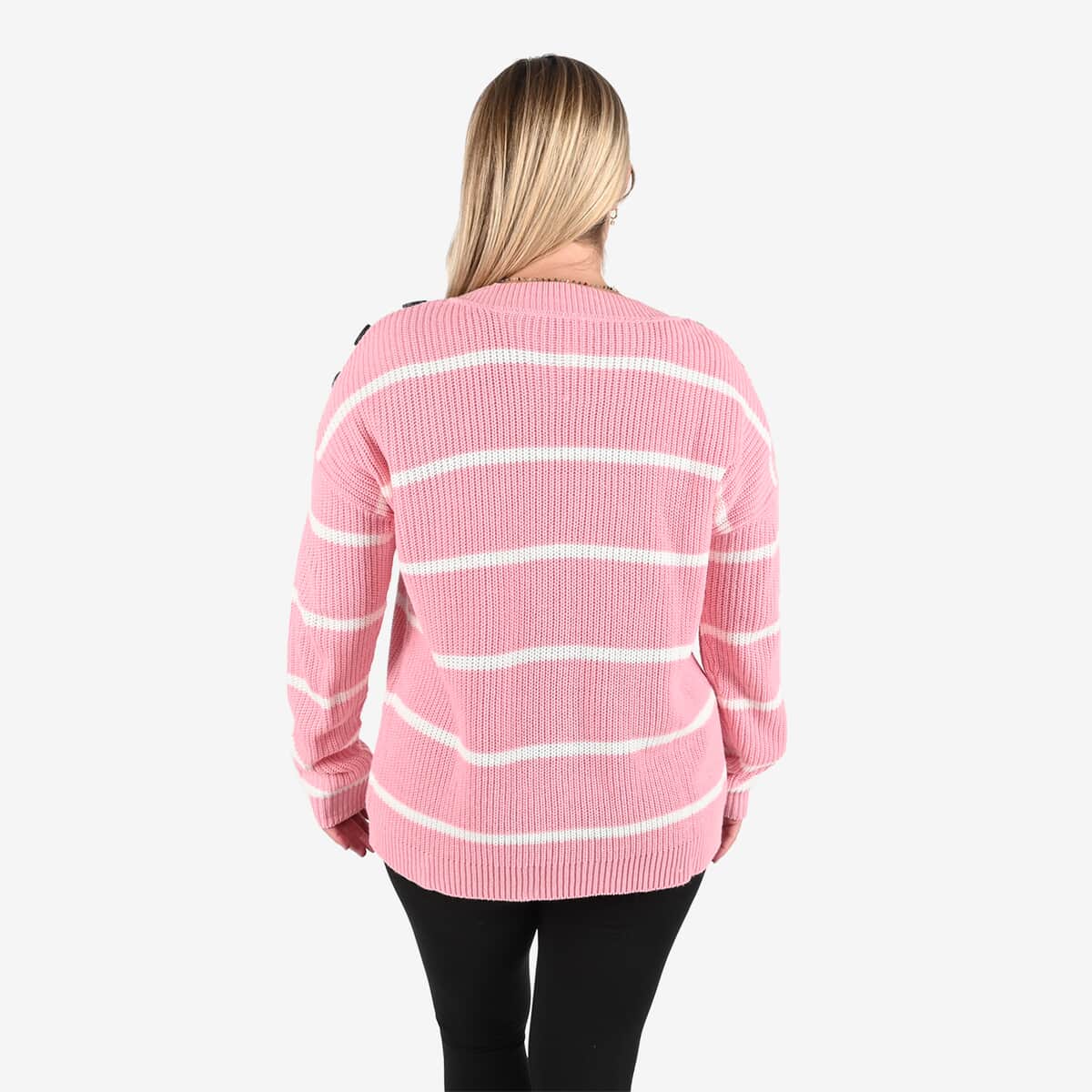 Tamsy Pink Stripe Knit Sweater with Button Detail - M image number 1