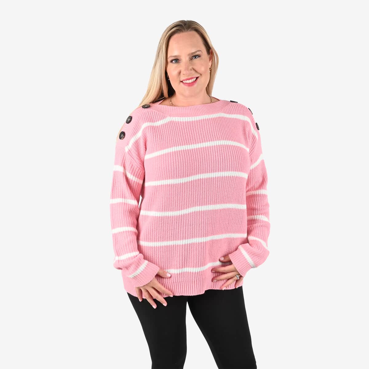 Tamsy Pink Stripe Knit Sweater with Button Detail - M image number 2