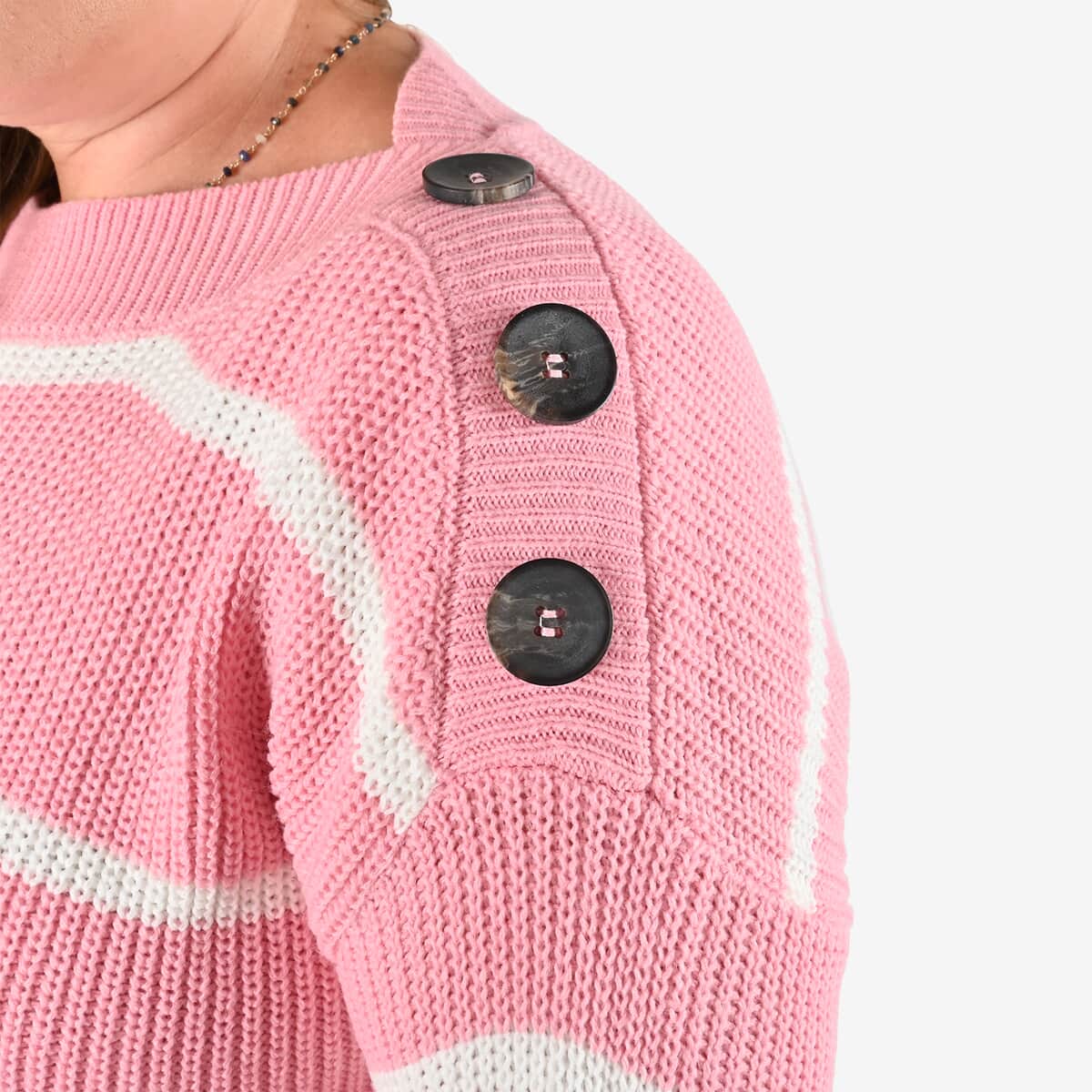 Tamsy Pink Stripe Knit Sweater with Button Detail - M image number 4