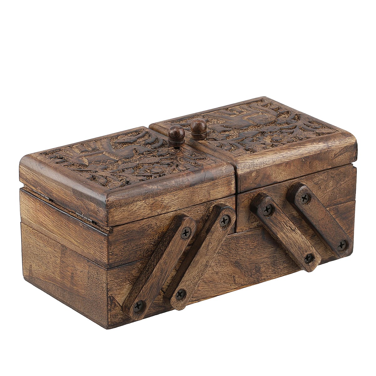 Brown Antique Finished Royal Elephant Handcarved 3 in 1 Storage Box image number 0