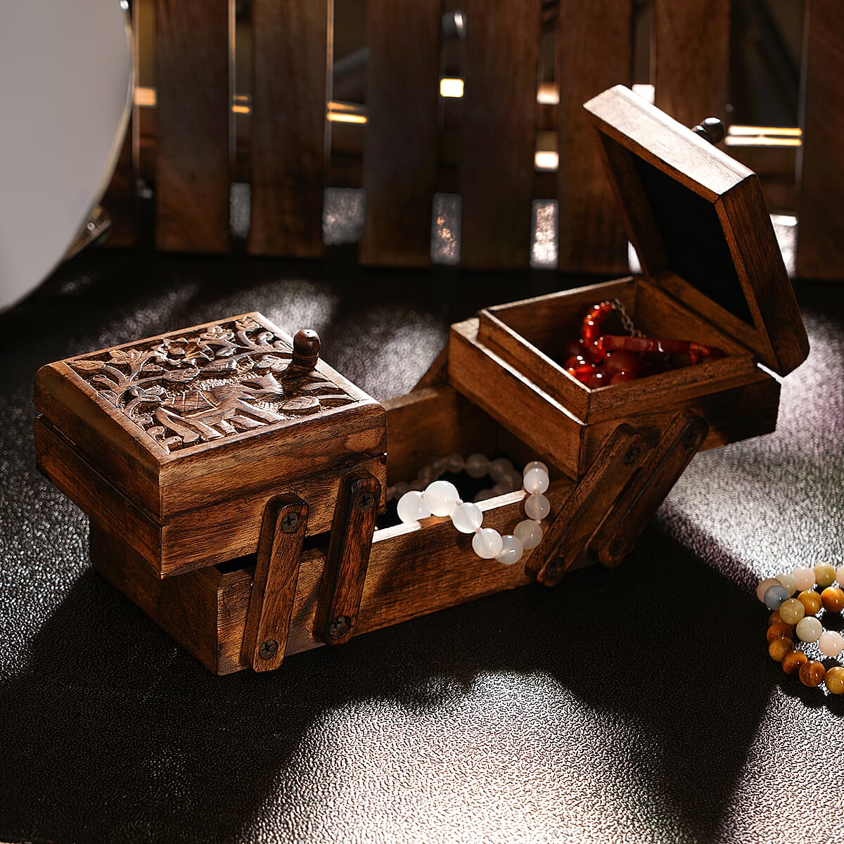 Brown Antique Finished Royal Elephant Handcarved 3 in 1 Storage Box image number 1