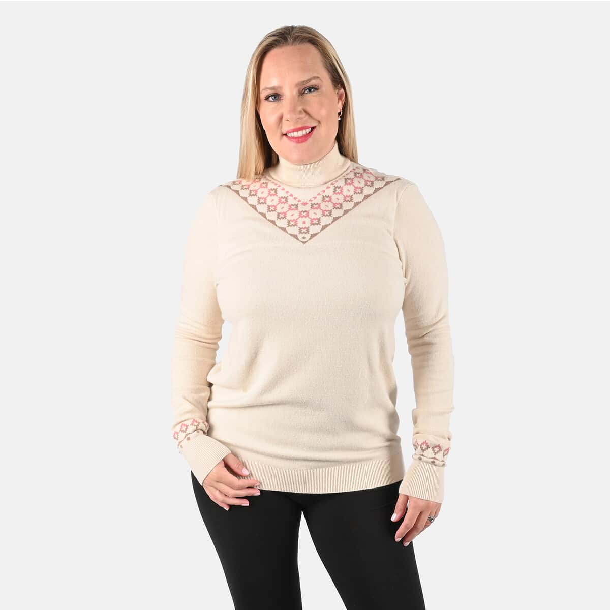 Tamsy Cream Knit Turtle Neck with Diamond Pattern Sweater - L image number 3