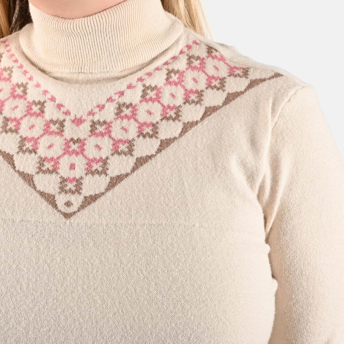 Tamsy Cream Knit Turtle Neck with Diamond Pattern Sweater - L image number 4