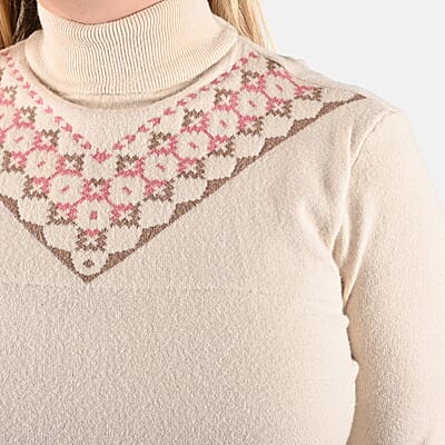 Tamsy Cream Knit Turtle Neck with Diamond Pattern Sweater - L