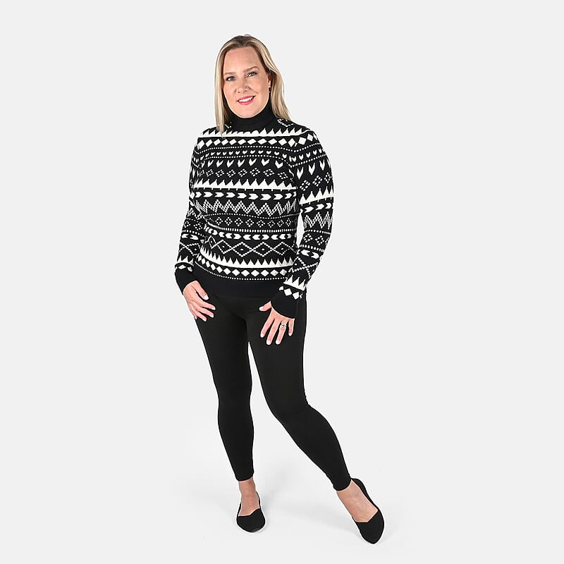 Tamsy Black Knit Turtle Neck with Chevron Pattern Sweater - L