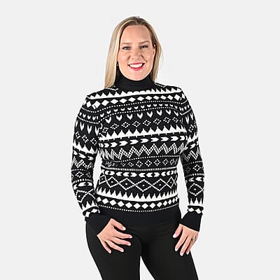 Tamsy Black Knit Turtle Neck with Chevron Pattern Sweater - L
