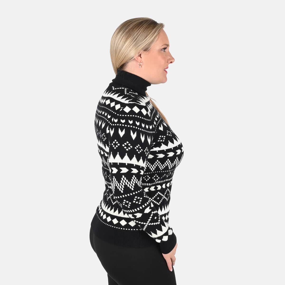 Tamsy Black Knit Turtle Neck with Chevron Pattern Sweater - S image number 2