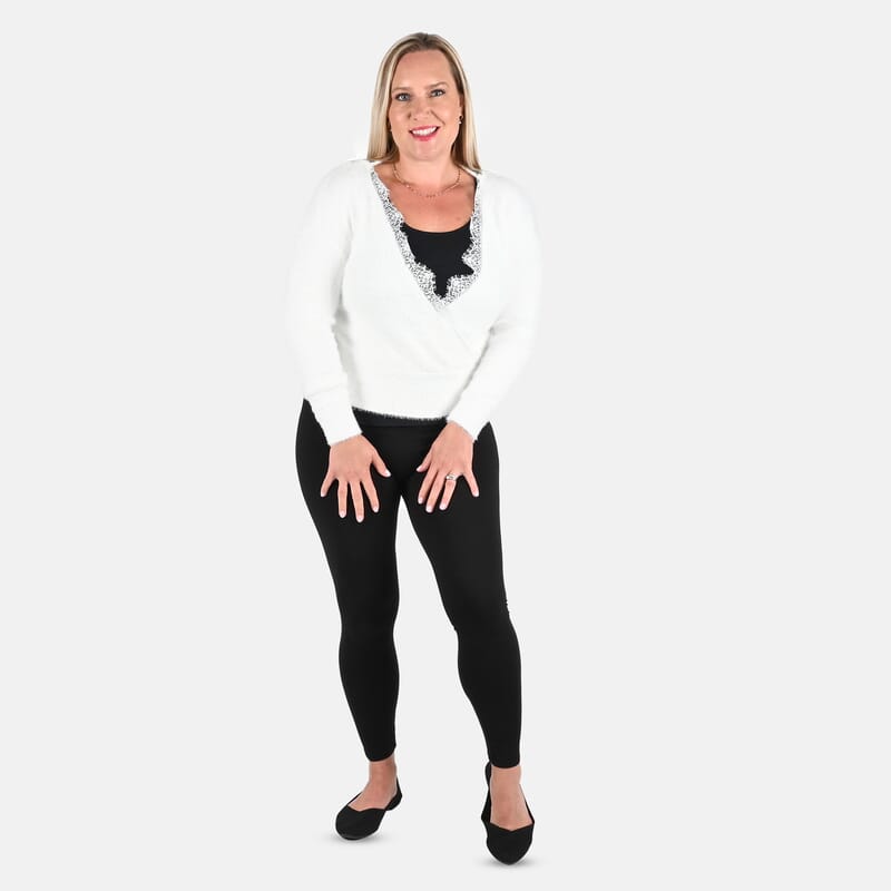 Tamsy Cream Textured Knit Cross Front Sweater with Lace Trim - L