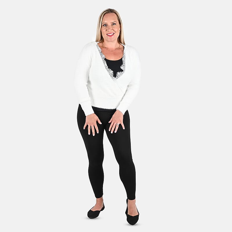 Tamsy Cream Textured Knit Cross Front Sweater with Lace Trim - L
