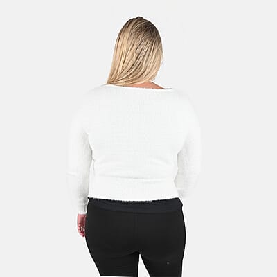 Tamsy Cream Textured Knit Cross Front Sweater with Lace Trim - L