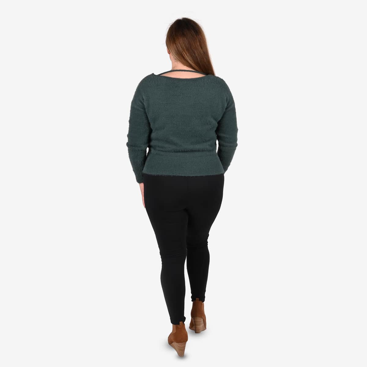 Tamsy Green Textured Knit Cross Front Sweater with Lace Trim - XS image number 1