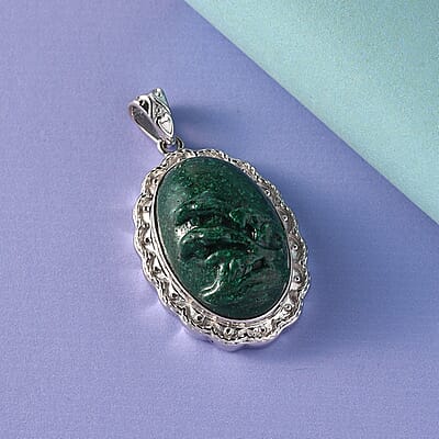 Freshened Malachite Solitaire Pendant in Platinum Over Copper with Magnet 21.00 ctw
