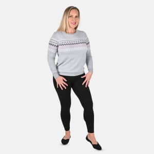 Tamsy Gray Knit Round Neck Sweater with Chevron Pattern - L