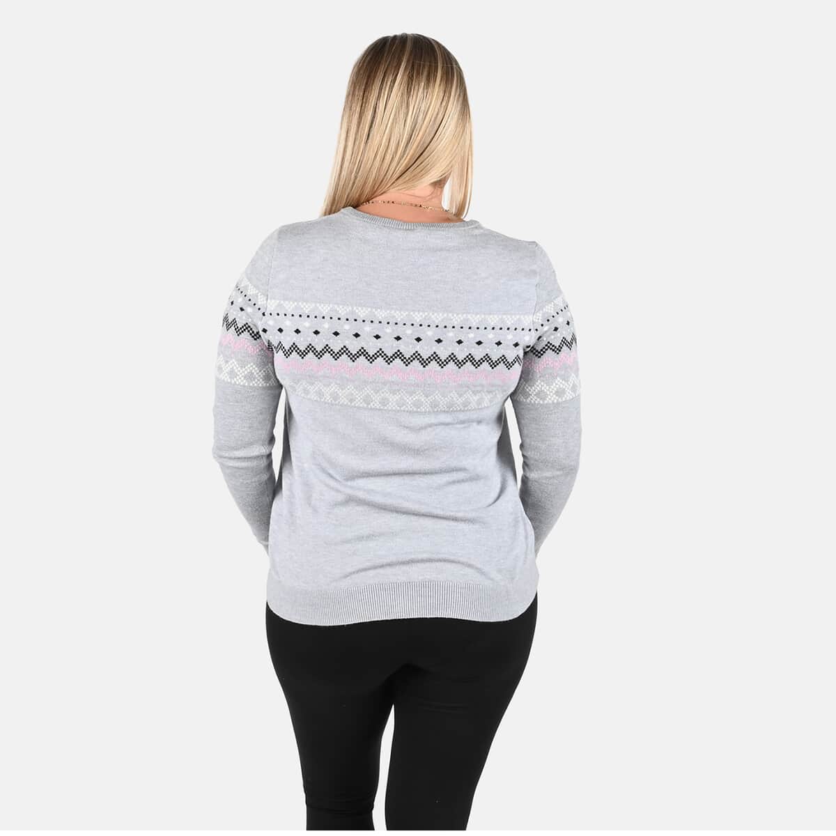TAMSY Gray Knit Round Neck Sweater with Chevron Pattern - L image number 1