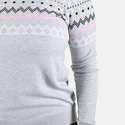 Tamsy Gray Knit Round Neck Sweater with Chevron Pattern - L