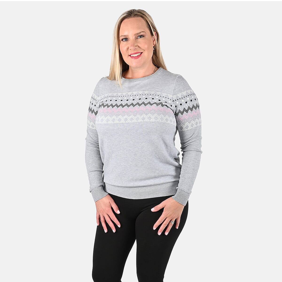 Tamsy Gray Knit Round Neck Sweater with Chevron Pattern - M image number 2