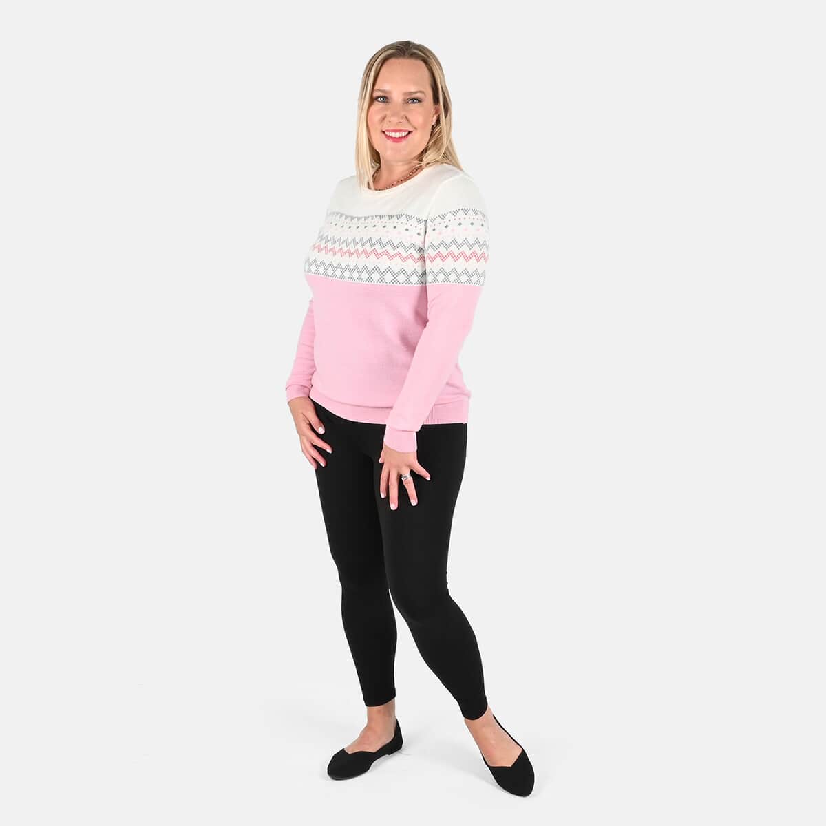 Tamsy Pink and Cream Knit Round Neck Sweater with Chevron Pattern - M image number 0