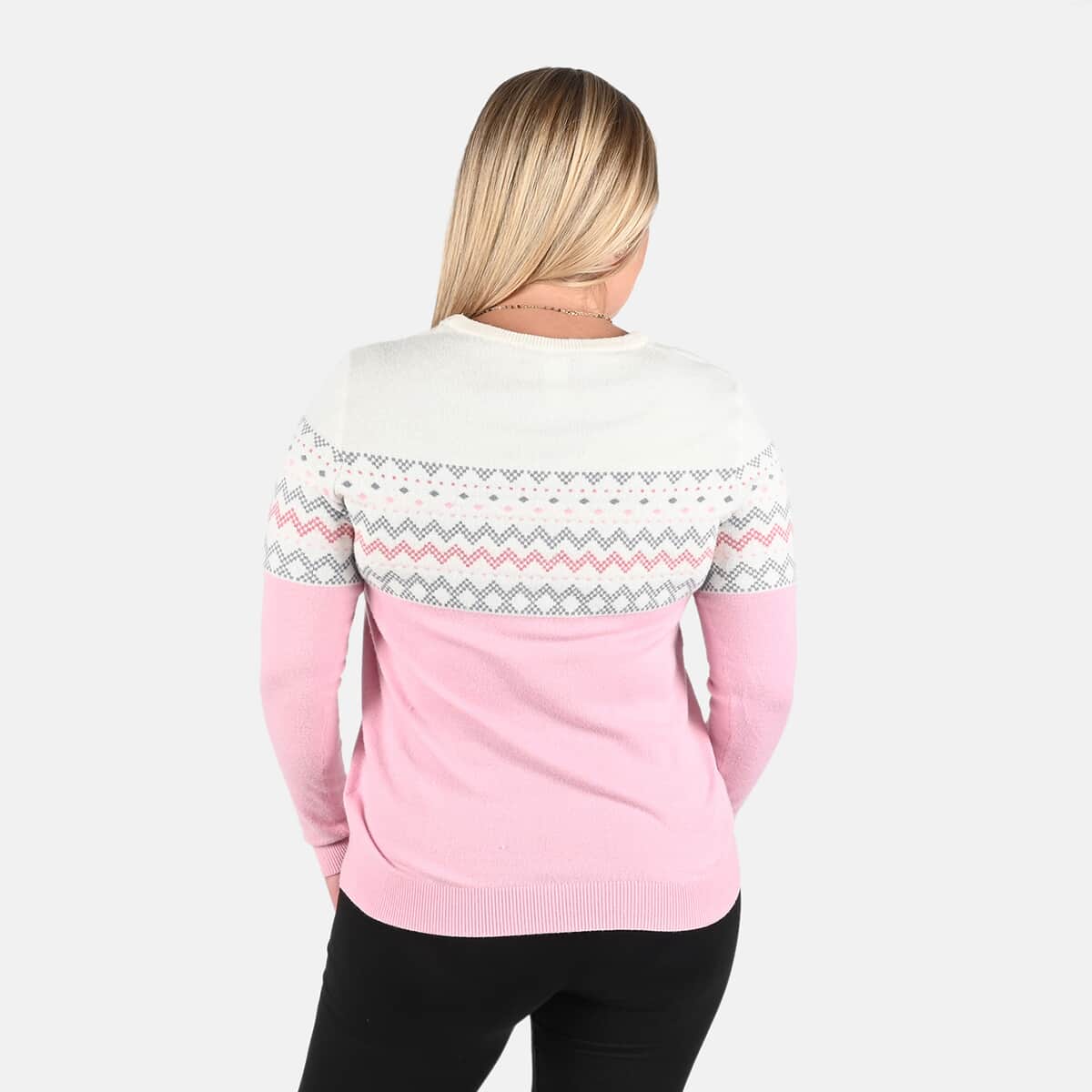 Tamsy Pink and Cream Knit Round Neck Sweater with Chevron Pattern - M image number 1