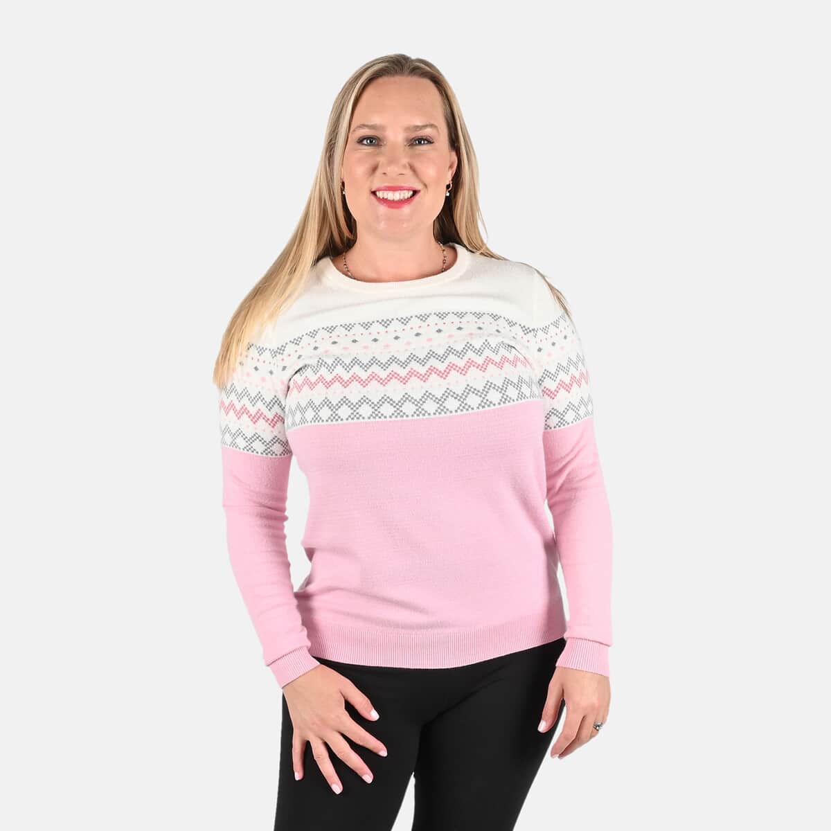 Tamsy Pink and Cream Knit Round Neck Sweater with Chevron Pattern - M image number 3