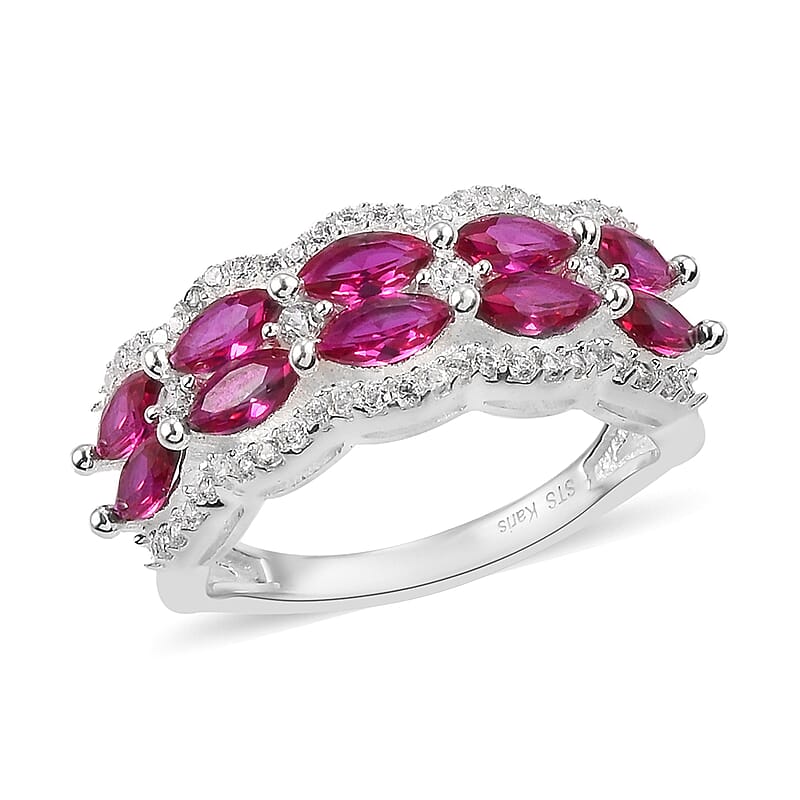 Simulated Ruby, Simulated White Diamond Ring in Silvertone (Size 7.0)