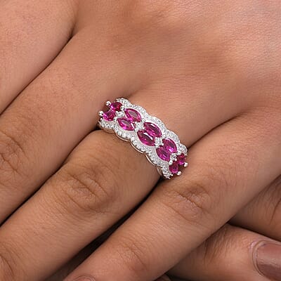 Simulated Ruby, Simulated White Diamond Ring in Silvertone (Size 7.0)