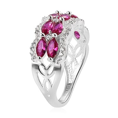 Simulated Ruby, Simulated White Diamond Ring in Silvertone (Size 7.0)