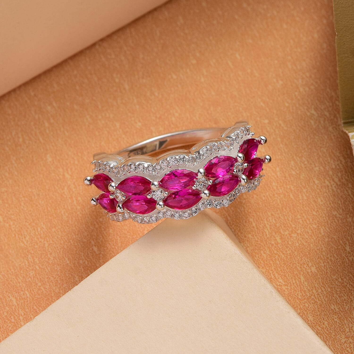 Simulated Ruby, Simulated White Diamond Ring in Silvertone (Size 8.0)