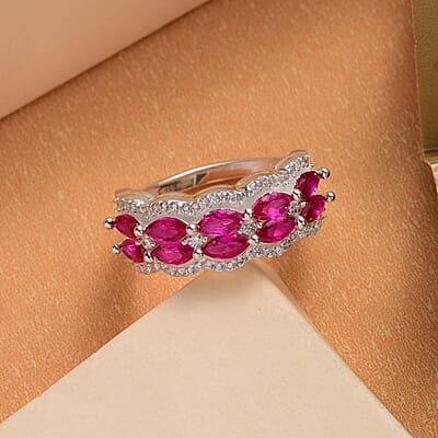 Simulated Ruby, Simulated White Diamond Ring in Silvertone (Size 9.0)