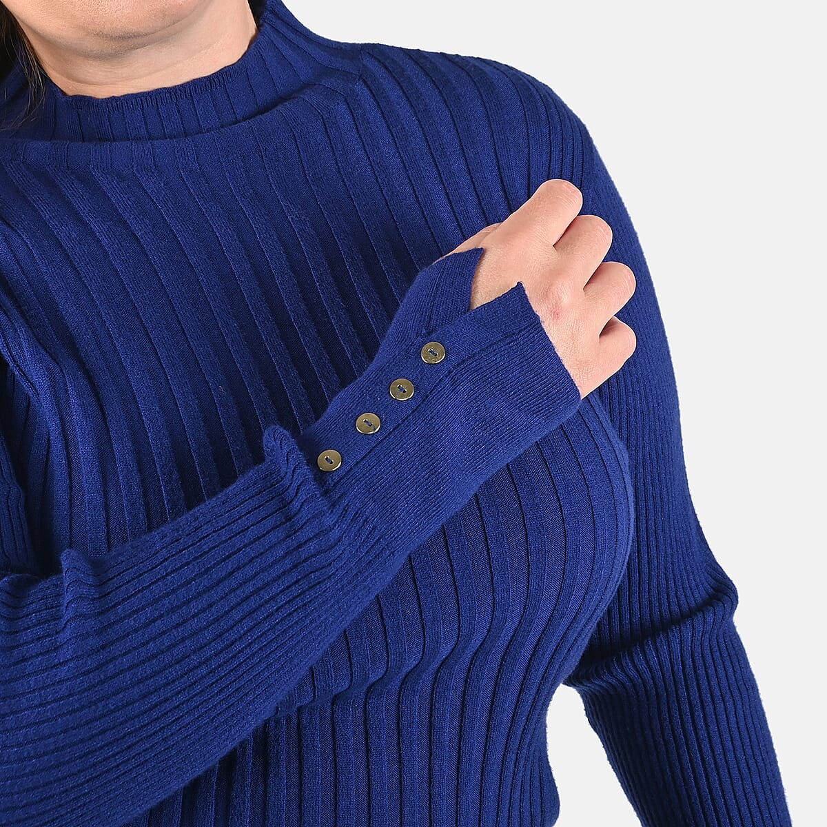 Tamsy Blue Ribbed Knit Sweater - L image number 5