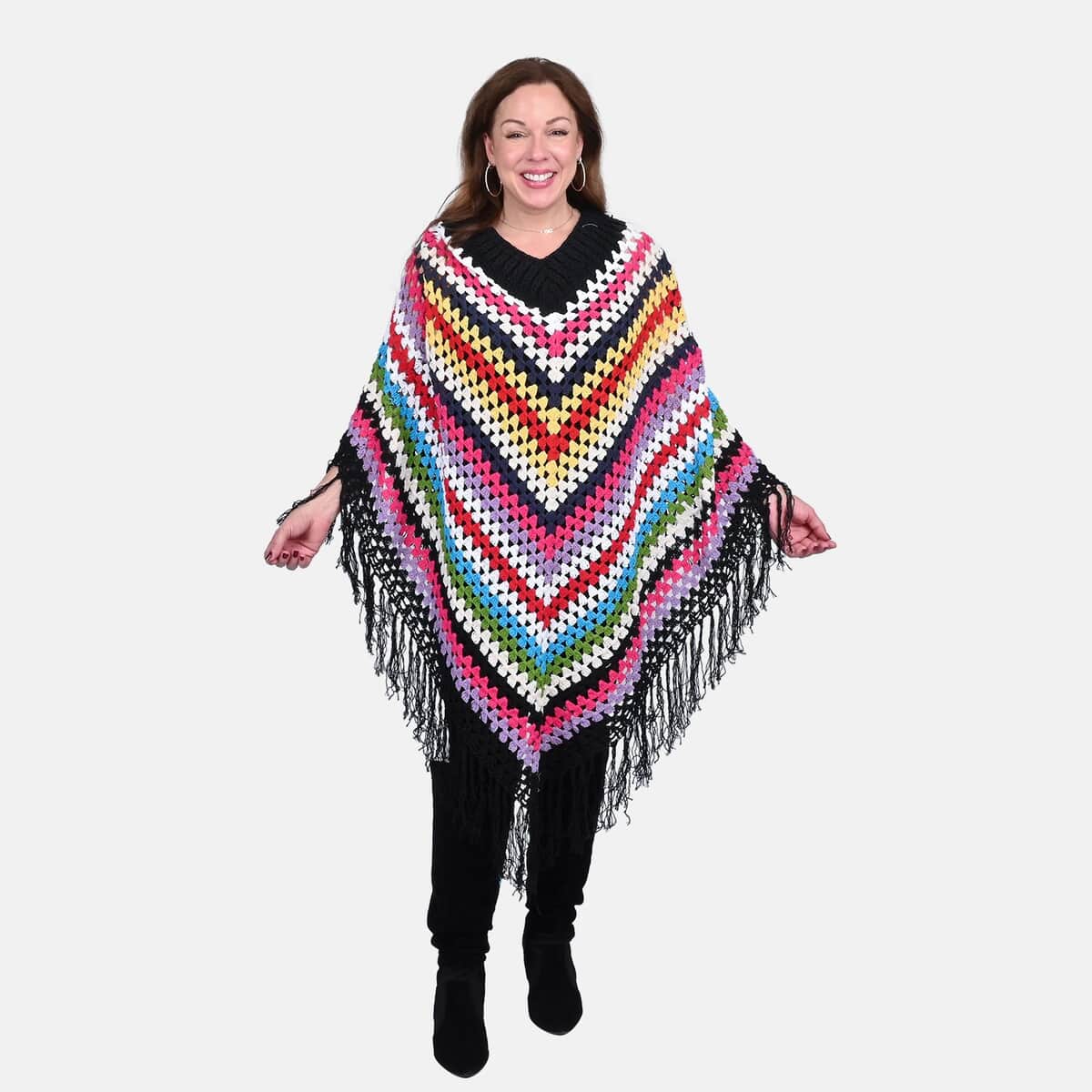 Tamsy Black with Multicolor Stripe Pattern Cotton Hand Chrochet Poncho - One Size Fits Most image number 0