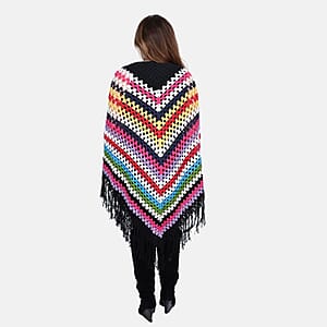 Tamsy Black with Multicolor Stripe Pattern Cotton Hand Chrochet Poncho - One Size Fits Most