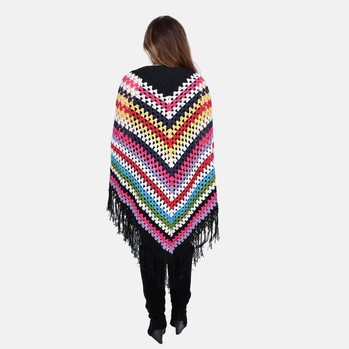 Tamsy Black with Multicolor Stripe Pattern Cotton Hand Chrochet Poncho - One Size Fits Most image number 1